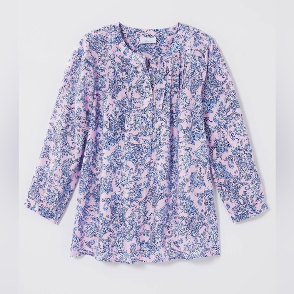 J Jill Linen XS Blue & Lavender Floral Top 5 Button Front 3/4 Sleeve Pin Tuck